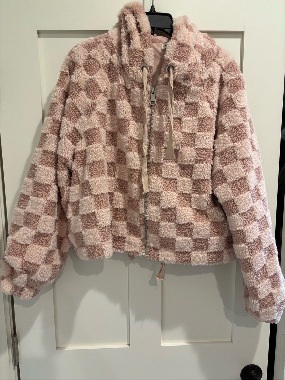 HYFVE Plush Checkered Zip Jacket in Blush Pink and Cream